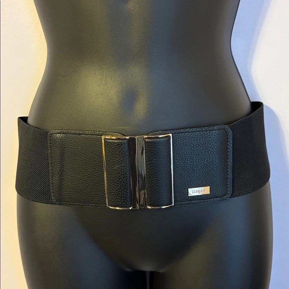 Mijiu Black Wide Hook Closure Faux Leather Elastic Belt